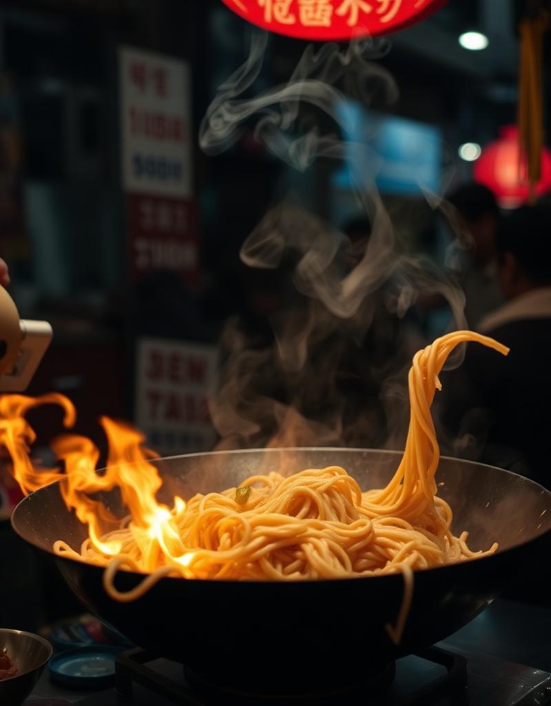 A wok tossing noodles over open flame at a night market